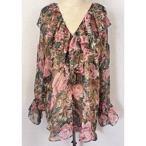 Victoria’s Secret Gold Label Sheer Floral Blouse Pearl Button VNeck Romantic M/L - Picture 1 of 15